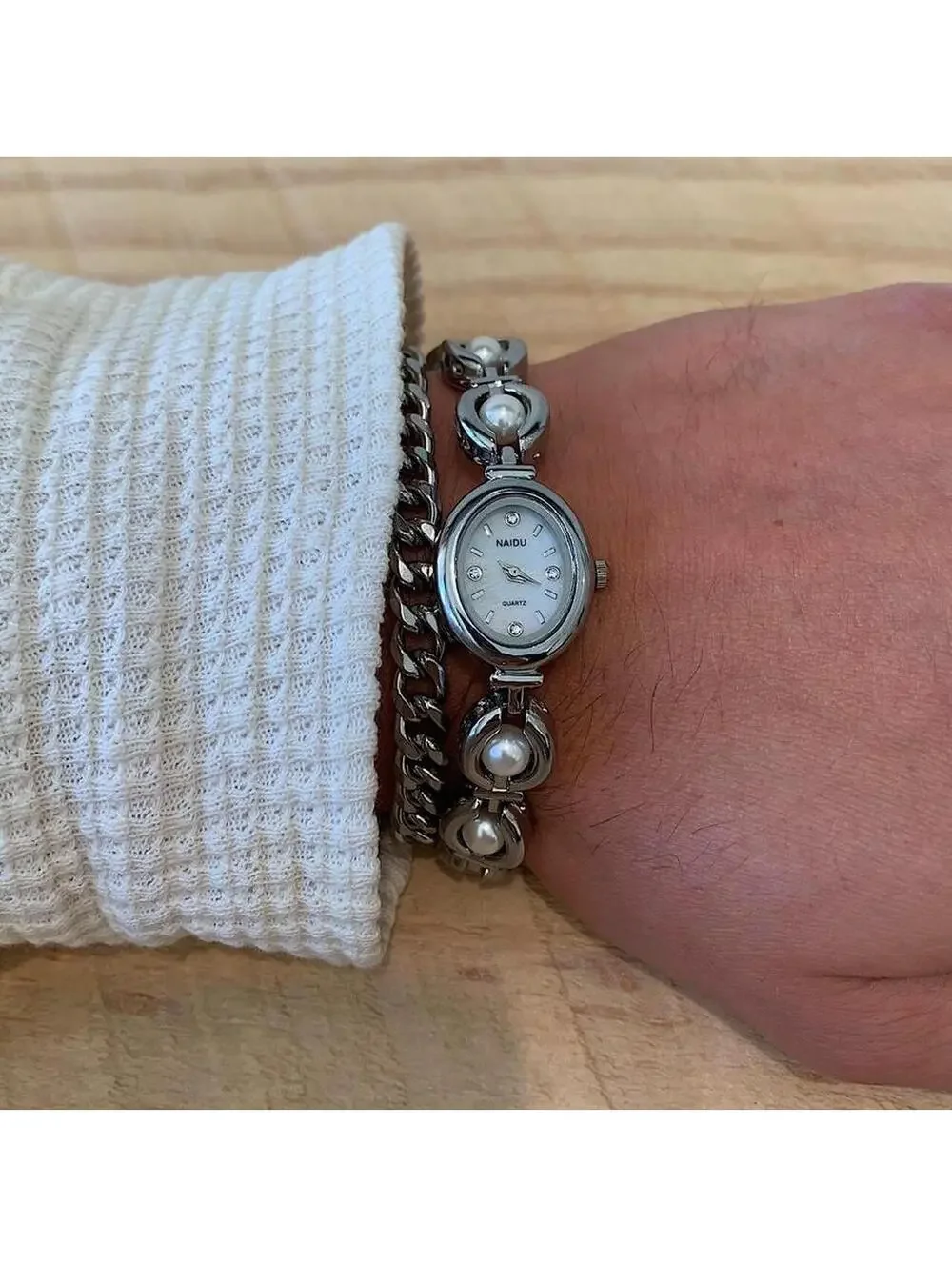 Silver round stainless steel quartz pearl stone watch